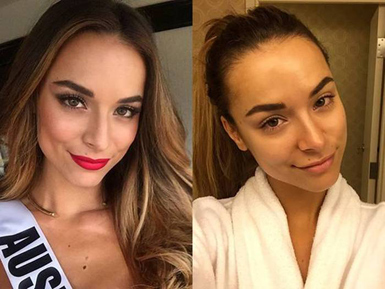 участницы конкурса красоты «Мисс Вселенная» с макияжем и без